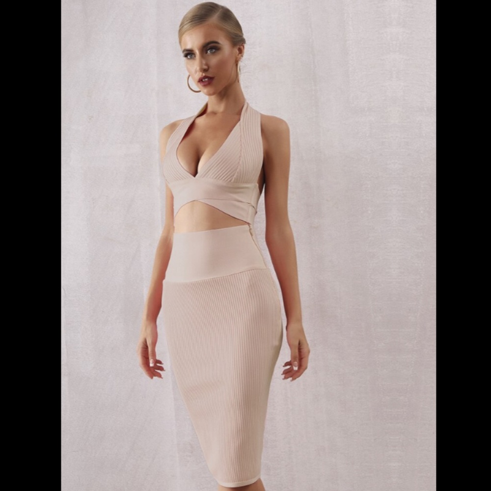 NEW! DESIGNER COUTURE CO-ORD SET BANDAGE BEIGE NUDE HALTER CROP TOP & SKIRT SET